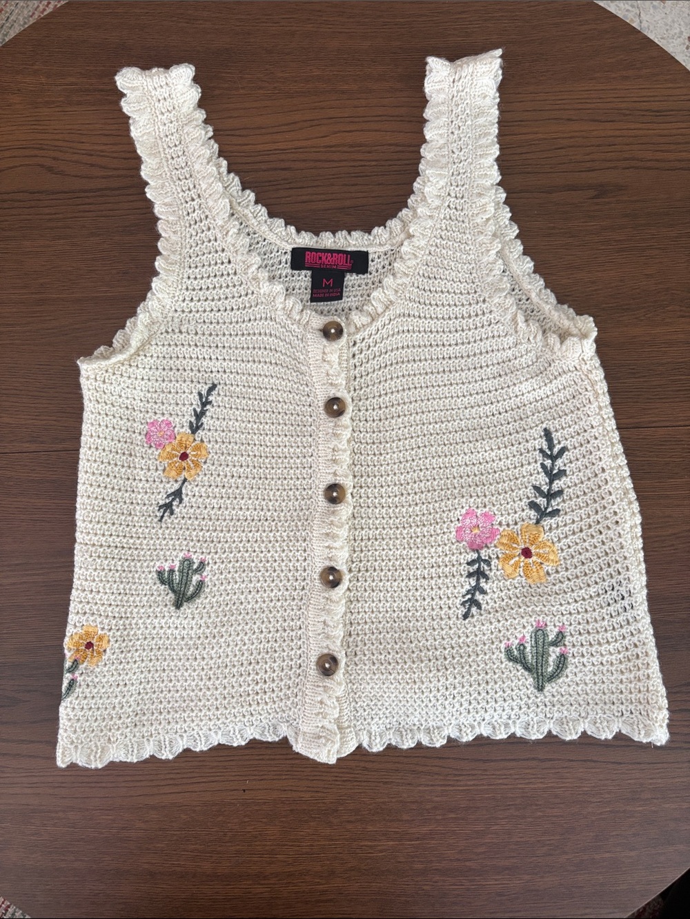 Rock & Roll Crochet Cream Button-Front Tank with Floral Embroidery